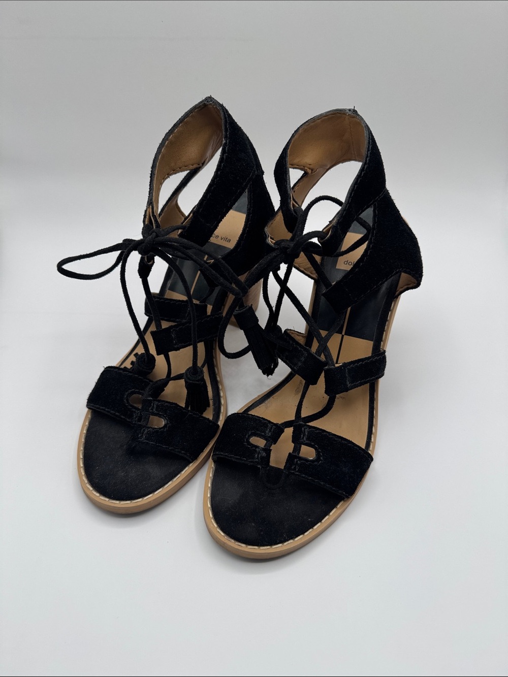 Dolce Vita Black Suede Strappy Wooden Block Heel Sandals Tie Up Lace Up Size 7.5